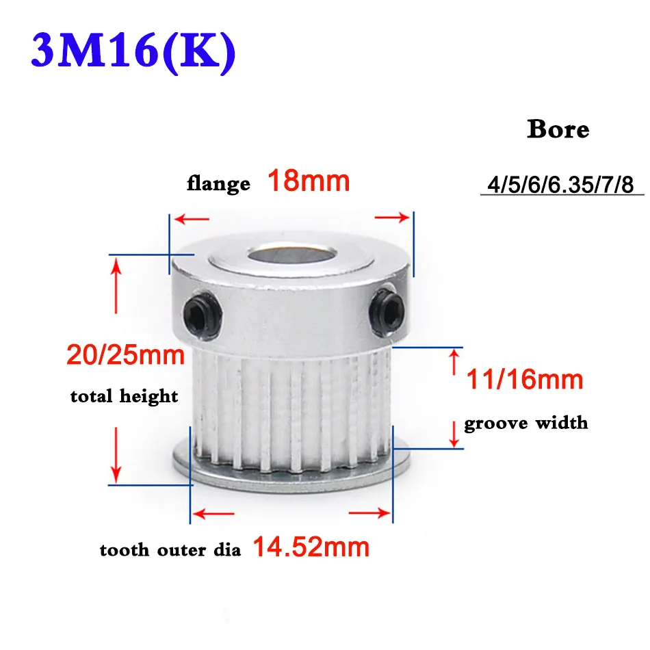 

1Pcs 3M 16 Tooth To 18 Tooth Synchronous Wheel Timing Belt Pulley Aluminum Alloy Bore 4-10mm Width 11mm 16mm