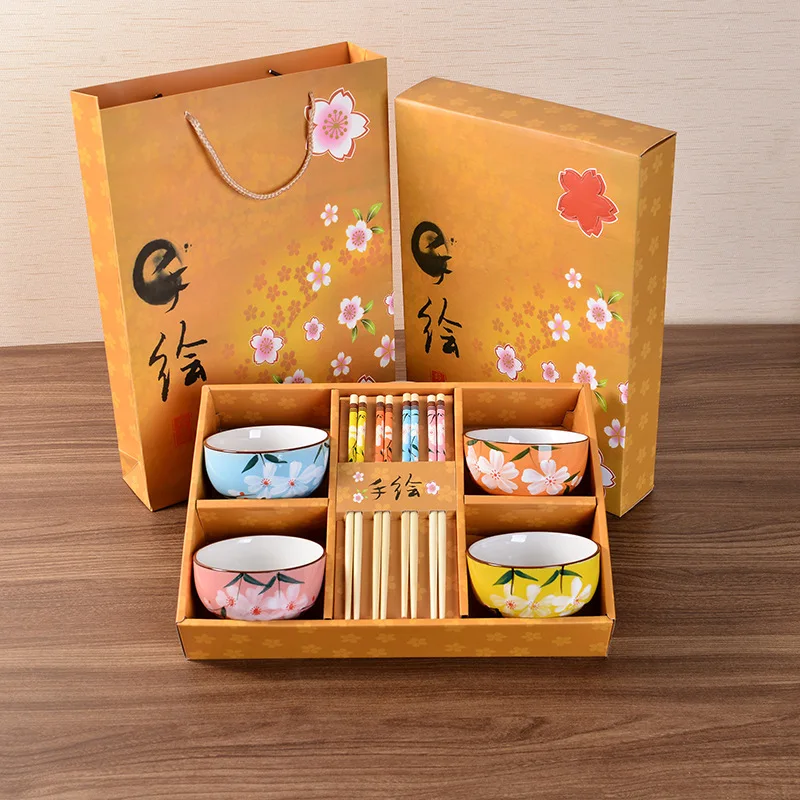 

New Style Hand-Painted Glazed Bowls And Chopsticks Set Wedding Ceremony Gift Ceramic Chopsticks Gift Tableware Customizable Logo