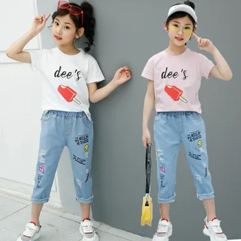 

2020 New girl clothing Sportswear fashion cartoon Cotton printed Jacket T-shirt jeans casual wear suit quality kids costume hot