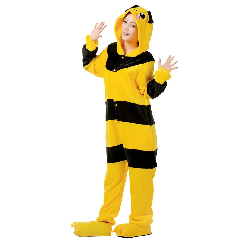Хэллоуин Взрослый пчела кигуруми фланелевый костюм для косплея женские наряды Комбинезоны Боди женский комбинезон с капюшоном пижамы