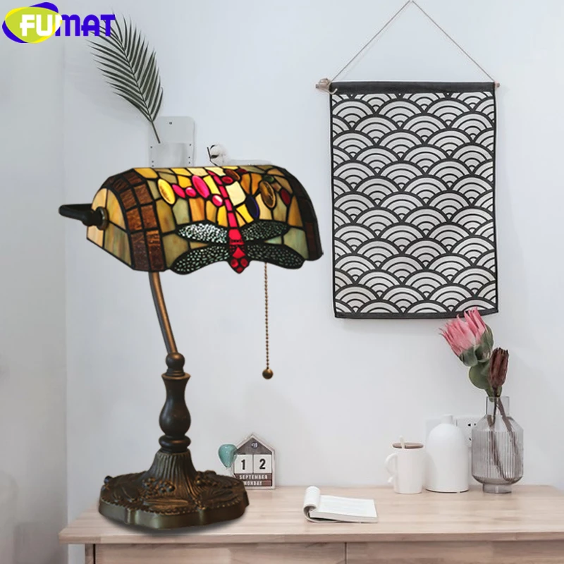 FUMAT Bank Table Lamp Tiffany Style Dragonfly Drawing Stained Glass Lampshade Alloy Frame Handcraft Arts Home Decor Retro Desk Creative Light  1