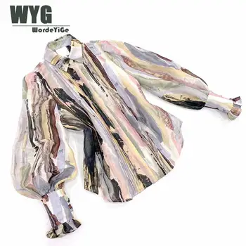 

European Fashion Designer Blouses 2020 Spring New Arrival Multi Color Stripes Ruffles Long Sleeve Natural Linen Shirts And Tops