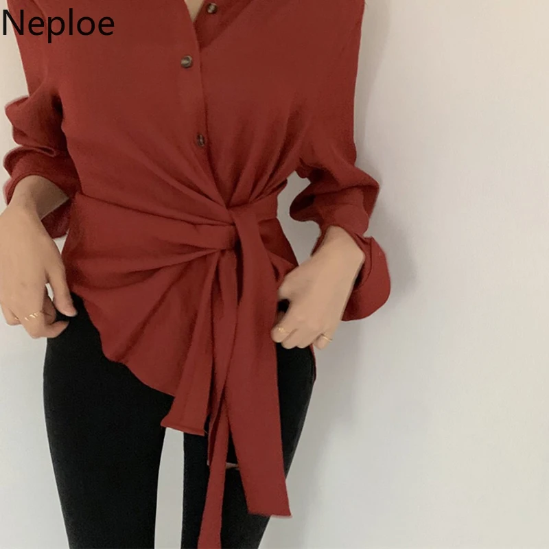 Neploe шикарная однобортная блузка с отложным воротником и длинным рукавом, приталенная кружевная неровная однотонная блузка, дизайнерская рубашка Весна