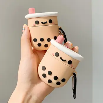 

Cartoon Bubble Tea Design Shock Proof Earphone Protective Cover Durable Silicone Case With Carabiner For A-irpods 1/2
