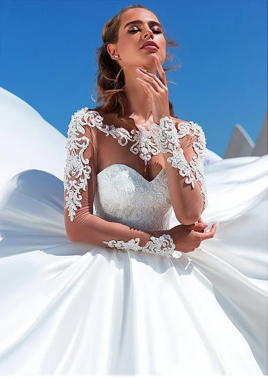 Сексуальный, кружевной, с аппликацией o-образным вырезом Свадебное платье трапециевидной формы с длинным рукавом на шнуровке свадебное платье, белое цвета слоновой кости атласное платье принцессы невесты