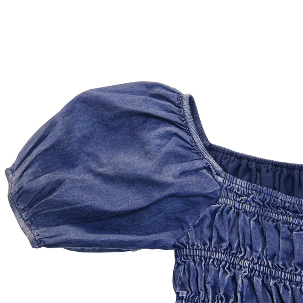 Summer Denim Dress 2020 Vintage Women Square Collar Dresses Short Sleeve Embroidery Elastic Waist Vestidos K82237 Girl's DRESS (21)