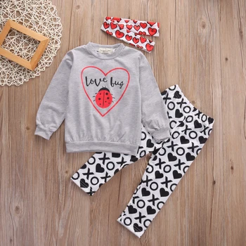 

Newborn Baby Toddler 3pcs Set Valentine's Day Long sleeve Sweatshirt Tops and Pant with Headband and Baby Girls Clothes