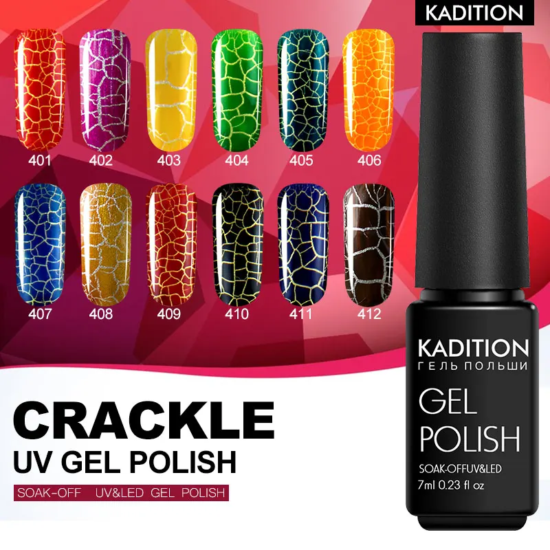 

KADITION 3D Crack Nail Design Gel Varnish Lucky 7ml Soak Off Nail Polish Crack UV Gel Polish 12 Color Need LED Lamp for Nails