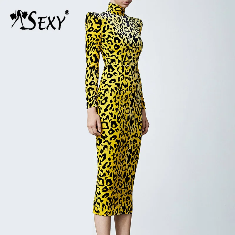

Gosexy 2019 Winter New Fashion Party Club Midi Dress Women Sexy Vestidos Stand Neck Leopard Print Bodycon Long Sleeve Dress