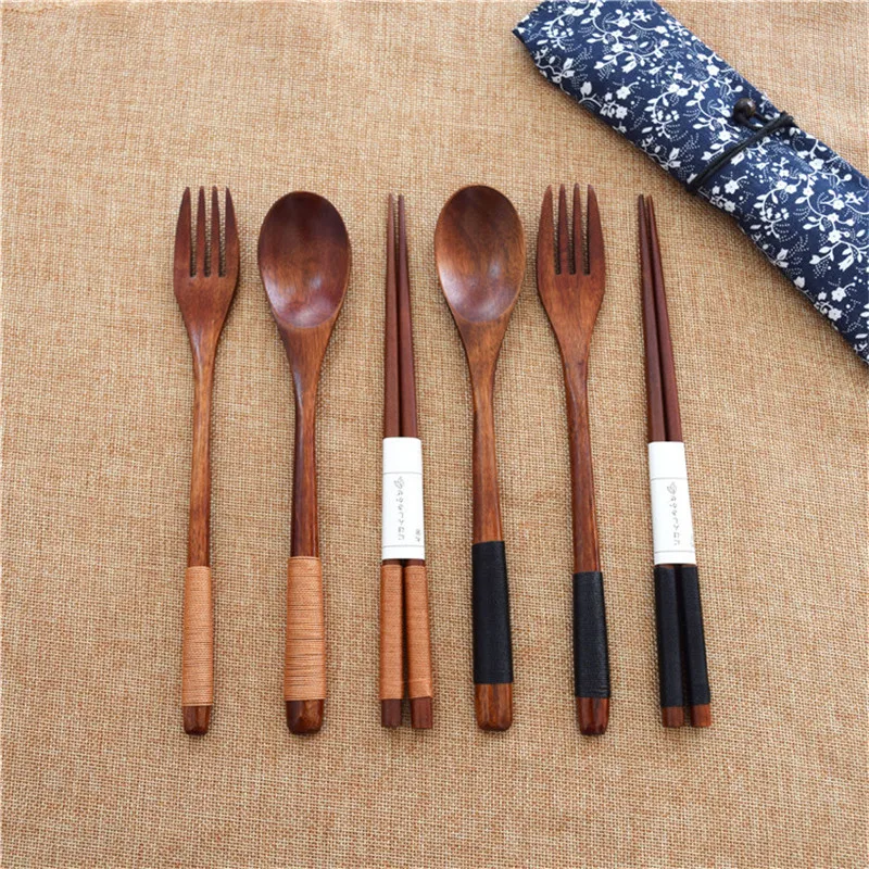 

1 Set Wood Portable Tableware Wooden Cutlery Sets Travel Dinnerware Suit Environmental with Cloth Pack Gift
