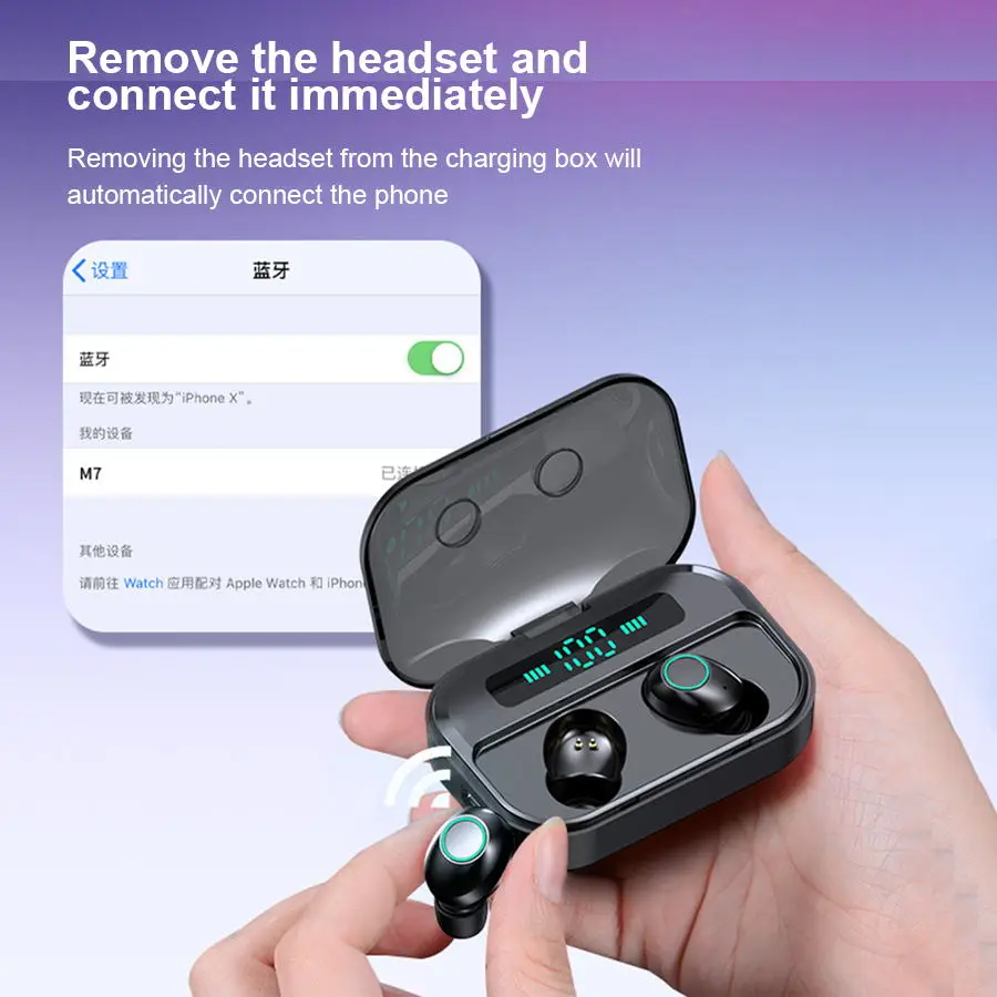 Para o iphone sem fio bluetooth fones de ouvido m7 tws verdadeiro headfrees sem fio à prova dwaterproof água com banco potência fone de ouvido