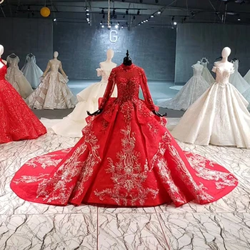 

BGW 22420ht Wedding Dresses Ball Gown Appliques High Neck Long Sleeve Muslim Bridal Dress Wedding Gown Long Train Vestido Noiva