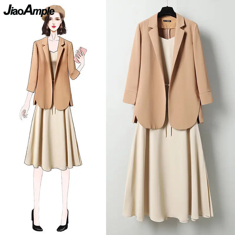 Women's Two Pieces Dress Suits 2021 Spring Autumn Office Lady Solid