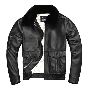 

2020 Black Men UASF Pilot Jacket Plus Size 5XL Wool Collar Genuine Thick Cowhide Winter Warm Aviator Leather Coat