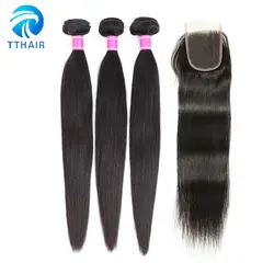 Необработанные перуанский Weave волос девственницы 3bundles с закрытием с Цвет 1B прямые Пряди человеческих волос для наращивания 4*4 закрытия