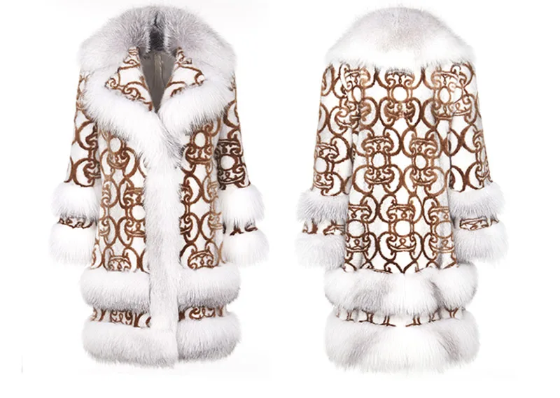 Бежевый Ftangaiur Winter Import Velvet Mink Coat With Fox Fur Collar Print Soft Natural Fur Coat Women's Long Real Mink Fur Coats - Цвет: Бежевый