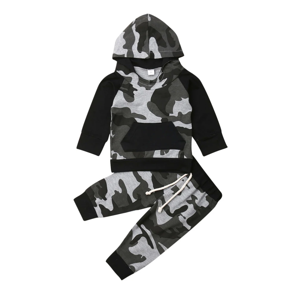 Осенняя одежда для маленьких мальчиков из 2 предметов камуфляжные Топы с капюшоном и длинными рукавами и штаны, комплект одежды