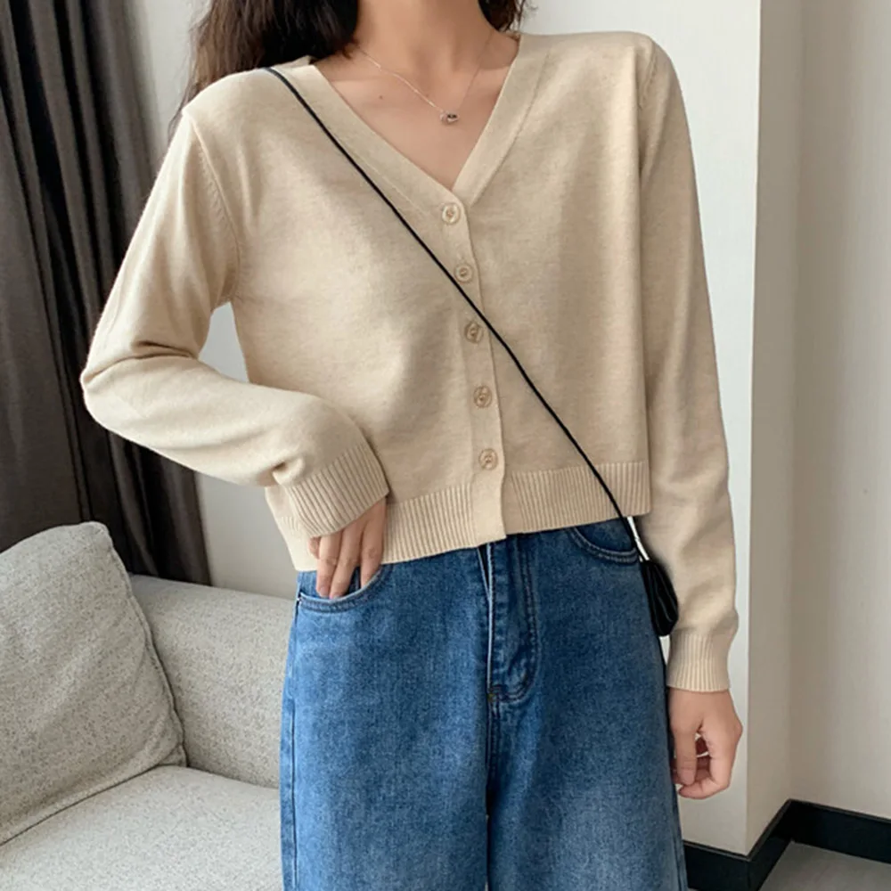 

Sweater Women Preppy Style Solid Cardigans Sweater Women V Neck Loose Elegaht Thicked Pull Femme Print Short Casual Coat