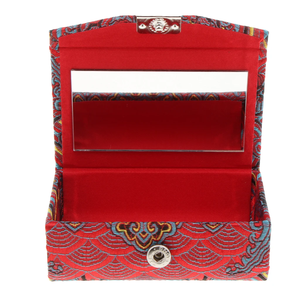 Retro Brocade Embroidered Chinese National Costume Design Lipstick Jewelry Case Holder Box With Mirror- Holds 2 Lipsticks