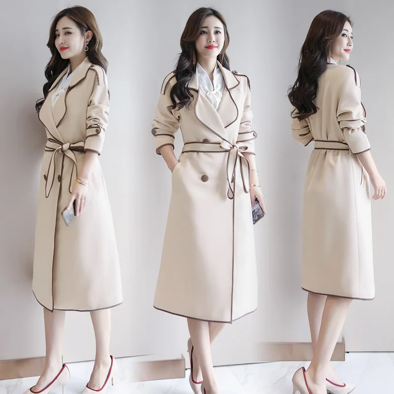 

Trench Coat Solid Color Suit Collar Double Breasted 2019 Spring Clothing Long Sleeve Mid-length Straight-Cut Elegant