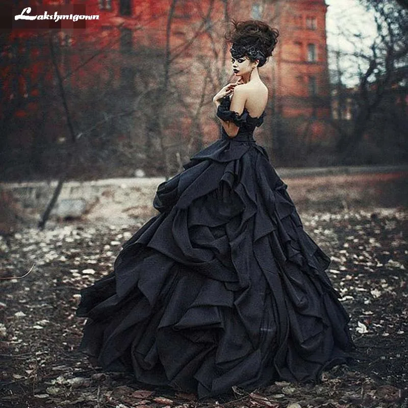 Черное готическое бальное платье Свадебные платья с открытыми плечами многоярусная со складками кружевное викторианское свадебное платье размера плюс свадебное платье