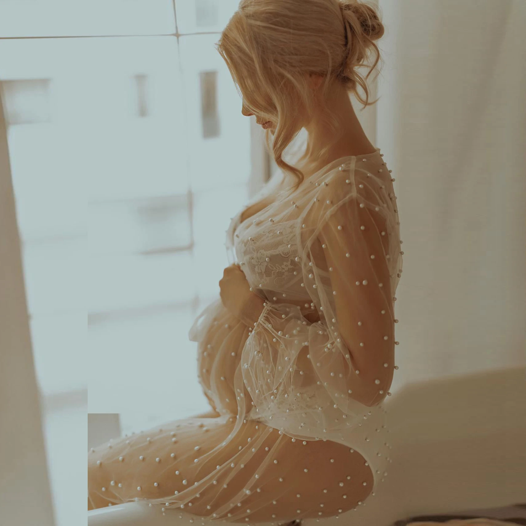 

Соблазнительные белые свадебные халаты с жемчугом, длинный прозрачный тюлевый халат на заказ, прозрачные Свадебные платья для фотосессии, женский халат большого размера