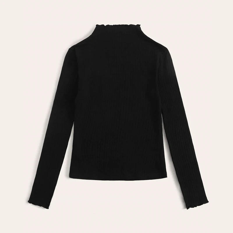 Dotfashion, повседневная, с воланами, на шее, ребристая вязка, футболка для женщин, осень, одноцветная, стоячий воротник, футболка, топы для девушек, базовый топ с отделкой