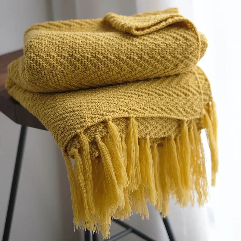 Yellow Tassles Blankets Sofa Knit Throw Blanket Mustard Soft Fringed