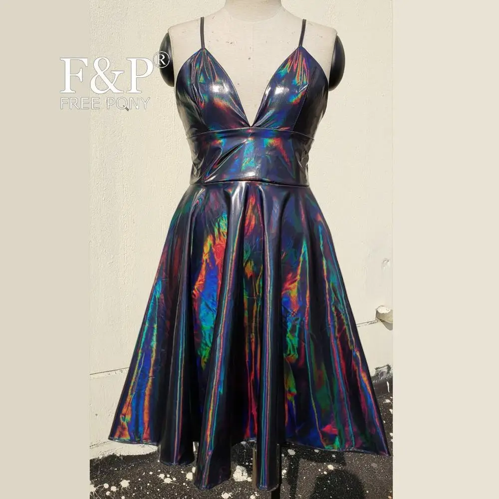 

Black Rainbow Holographic Skater Dress Women Rave Dress Clothes Outfits University Graduation Homecoming Cocktail Dress