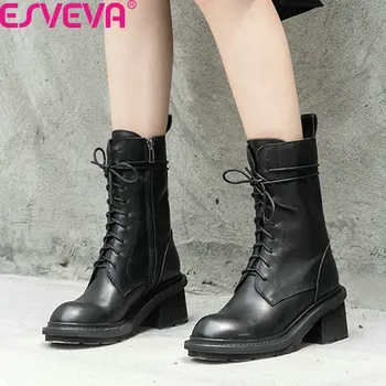 

ESVEVA 2020 Cow Leather Autumn Winter Casual Mid-Calf Boots Square Heel Round Toe Lace Up Zipper Comfort Women Shoes Size 34-39