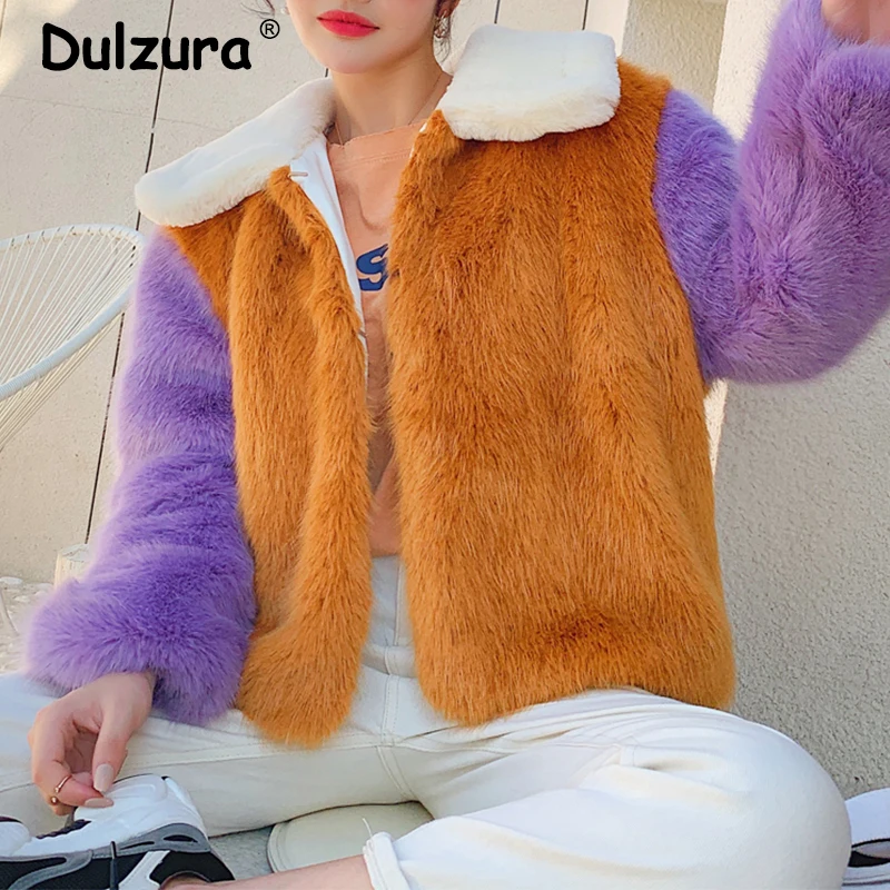Best Korean Chic Patchwork Faux Fox Fur Jacket Coat Women Autumn Winter Thicken Warm Cotton Lining Overcoat Fashion Fluffy Overwear