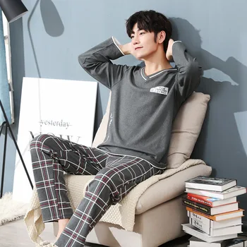 

Korean-style Long Sleeve Pure Cotton Pajamas Men's Spring and Autumn Cartoon Youth Large Size Home Wear-Go out Leisure Suit