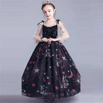 

Children Girls Elegant Black Color Shoulderless Collar Sling Long Sleeves Birthday Evening Party Princess Fluffy Dress Clothes