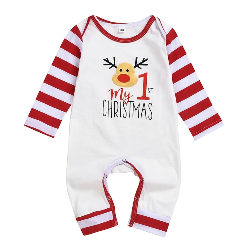 Рождественское повседневное трико для новорожденных; одежда для малышей; хлопковое боди для малышей с рисунком в полоску; нижнее белье с длинными рукавами; Детские боди - Цвет: Красный