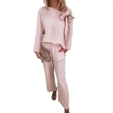 

Women's Set Solid Two Piece Set Elegant Off Shoulder Bow and Drawstring Long Pants Suit Spring Autumn Long Sleeve Lady Outfits