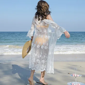 

Wholesale Shawl Solid Lace Design Sunscreen Lace Hollow Beach Cover Up Cardigan Long Sleeve Summer Beach Tops Loose Ladies Shirt