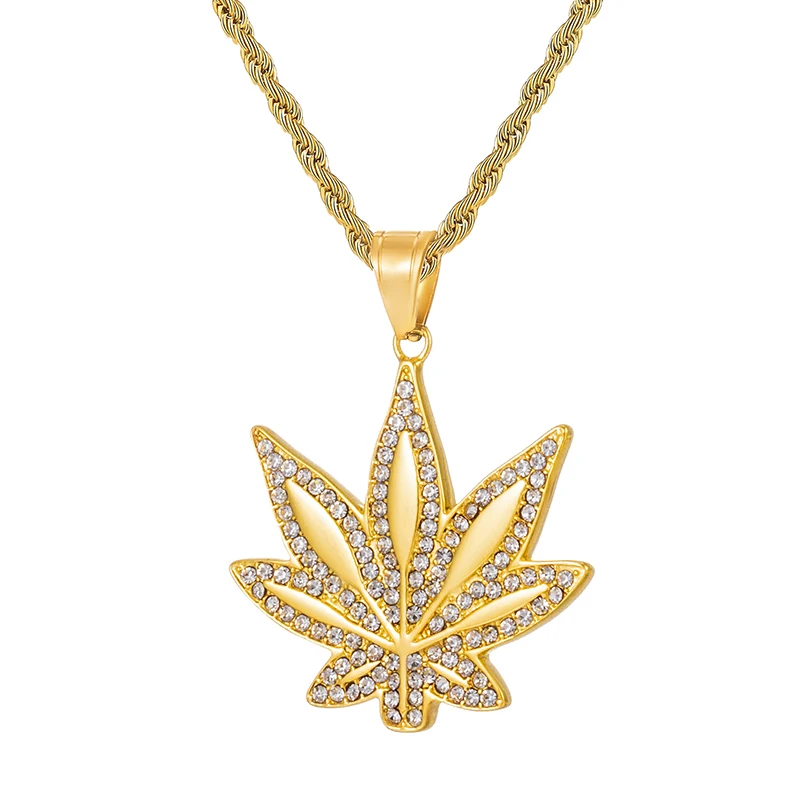 

Bling Iced Out Maple Leaf Micro Paved Rhinestone Stainless Steel Pendants & Necklaces for Men HIP Hop Jewelry