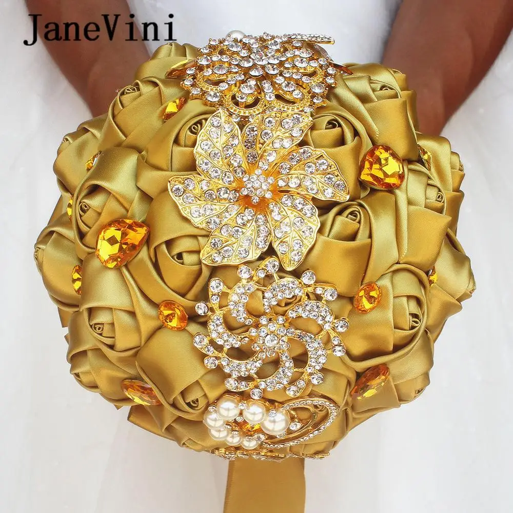 JaneVini Luxury Satin Wedding Bouquets Shiny Crystal Rhinestone Artificial Gold Roses Bridal Flowers Wedding Bouquet Accessories