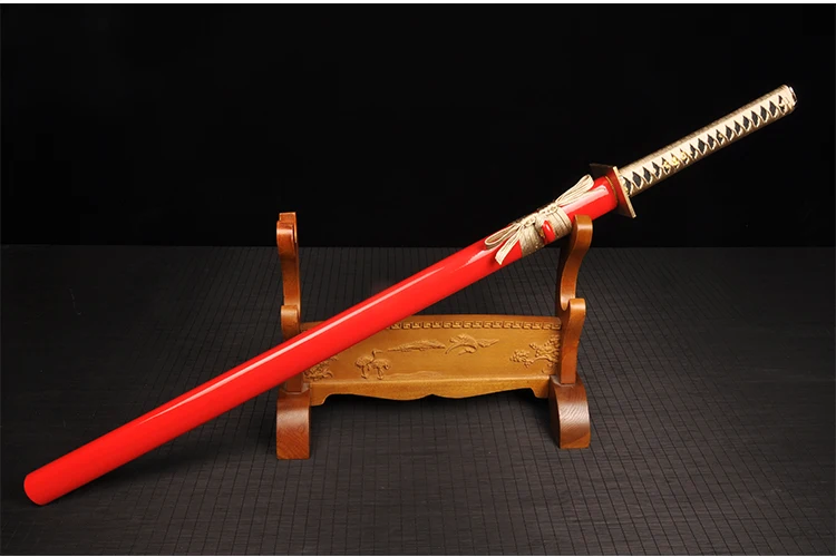 Red Katana Sword Real Japanese handmade 1045 carbon steel Blade Blue color sharp Full Tang decorative arrival supply - Цвет: Katana