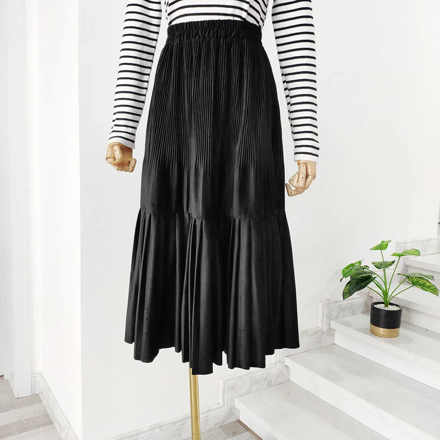 Осень-зима, бархатные длинные плиссированные юбки для женщин, новинка, корейский стиль, эластичная высокая талия, однотонная облегающая трапециевидная юбка миди, Faldas - Цвет: black