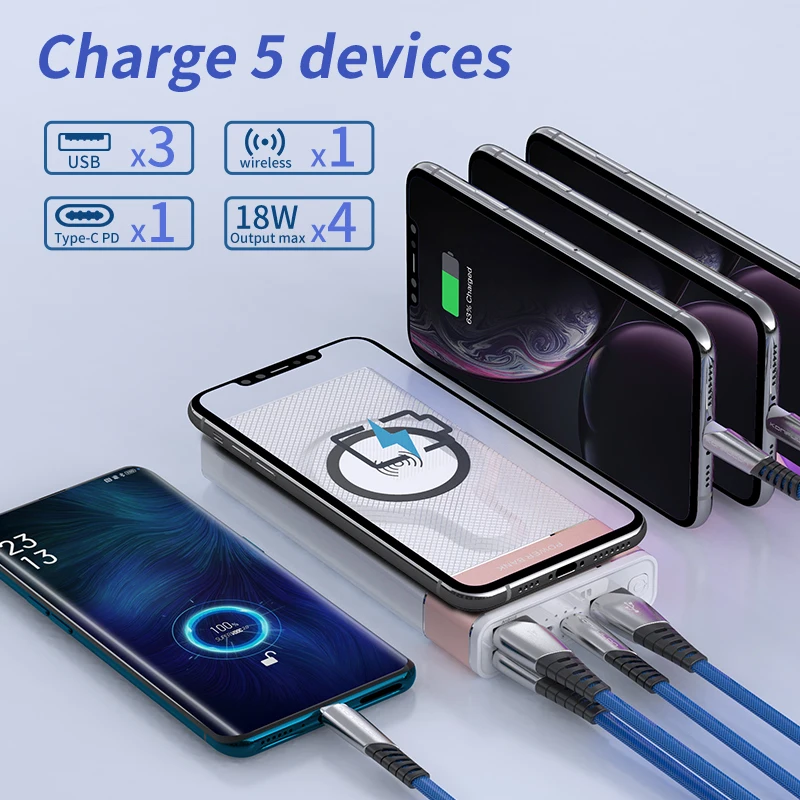 Беспроводной внешний аккумулятор 20000 мАч Quick Charing Powerbank 18 Вт PD портативный беспроводной аккумулятор Powerbank для Iphone/ноутбука Беспроводной внешний аккумулятор 20000 мАч Quick Charing Powerbank 18 Вт PD портативный беспроводной аккумулятор Powerbank для Iphone/ноутбука