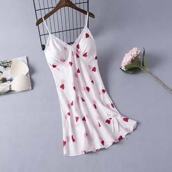 

Sexy Sleeveless Print Mini Nightgown Lady Spaghetti Strap Nightdress Summer Satin Sleepwear Nightwear Casual Home Dress Negligee