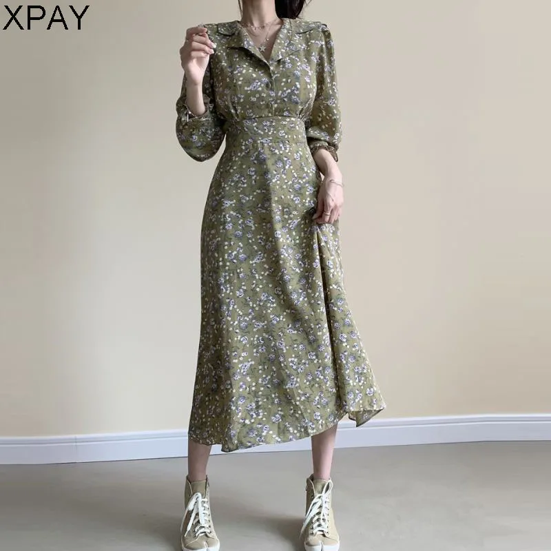 

2020 Spring Full Sleeve Lace-Up Waist Mid-Calf Dress Female Elegant Turn-Down Collar Floral Print Women Dress Vestidos Femme