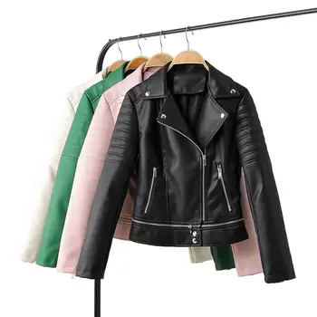 

2020 New Fashion Women Motorcycle Faux Leather Jackets Ladies Long Sleeve Autumn Winter Biker Zippers Streetwear Black Coat