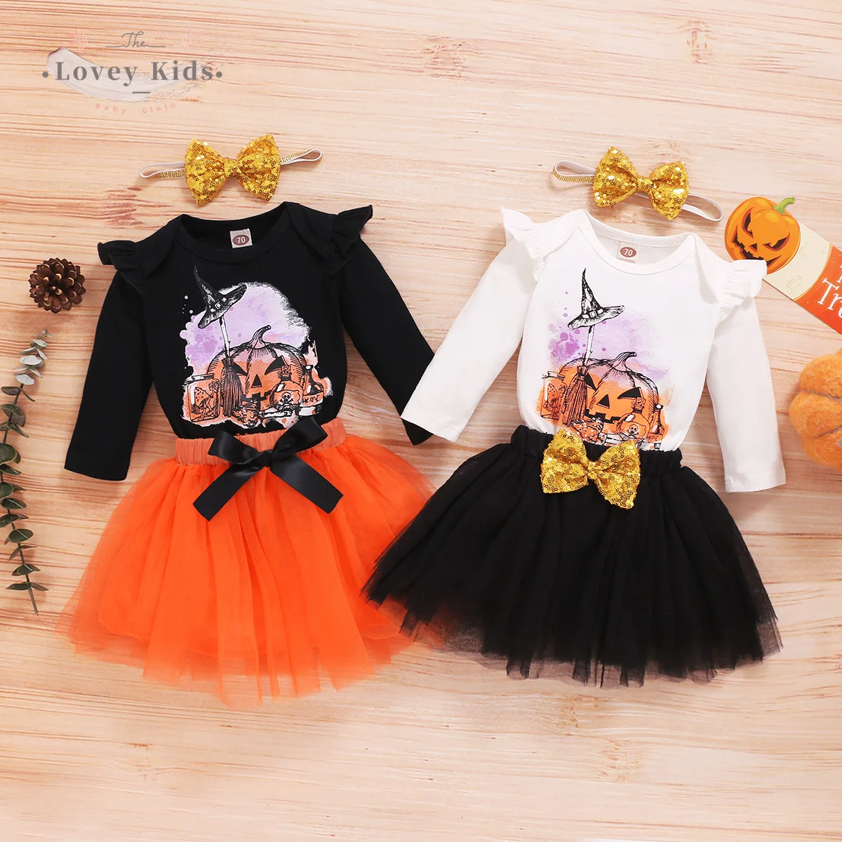 

Baby Girl Halloween 3PCS Sets 2021 My 1st Halloween Long Sleeve Pumpkin Bodysuit Tutu Skirt Headband Newborn Infant Party Outfit