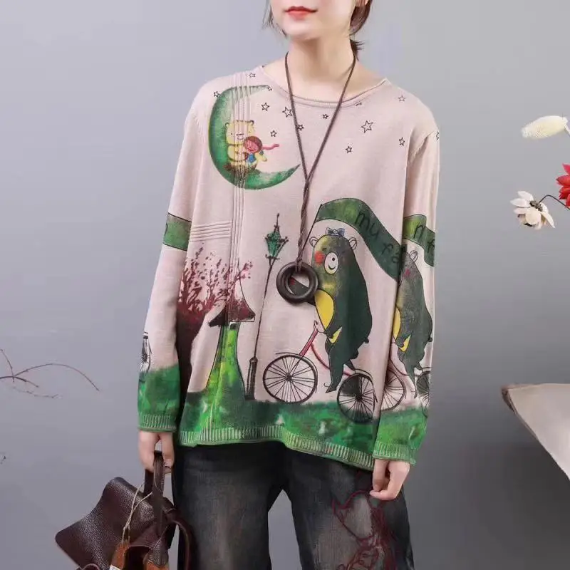 QQ0785-Beige Зимняя трикотажная Женская одежда, трикотажная куртка с принтом, топ, пальто, весна-осень, пуловер, джемпер, толстовка - Цвет: QQ0785-Beige
