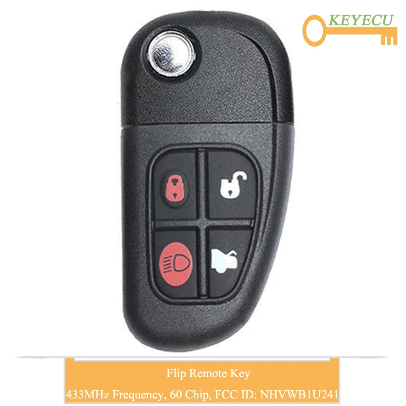 KEYECU Флип дистанционный Автомобильный ключ для Jaguar X-type S-type 1999-2009, XJ XJR 2002-2008, FOB 4 кнопки-433 МГц-4D60 чип-NHVWB1U241