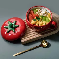 Cute Tomato Ceramic Coffee Cup Milk Soup Cup With Lid Breakfast Water Cup Office Home Drink Tea Cup Decoration Pumpkin Cup