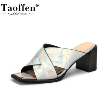 

Taoffen Women Sandals Shoes Fashion Stone Pattern Shoes Women Nice Genuine Leather Slippers Square Heels Footwear Size 34-39