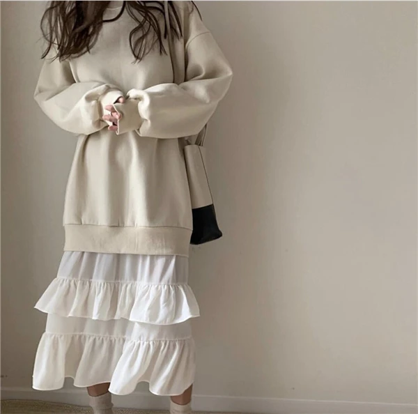 Beige RUGOD, модное лоскутное утолщенное вельветовое женское платье, элегантное, с оборками, однотонное, с круглым вырезом, прямое платье для женщин,, зимнее теплое платье - Color: Beige